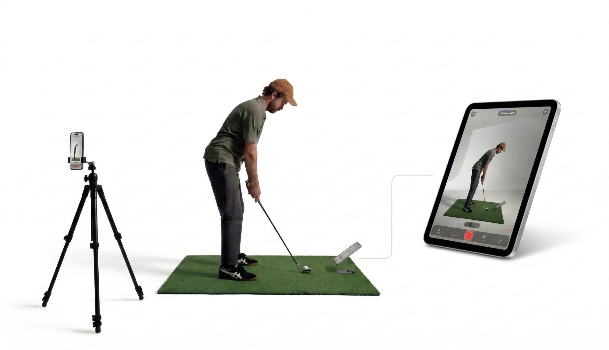 Mirror Vision setup — iPhone on tripod filming golfer, iPad showing real-time stream
